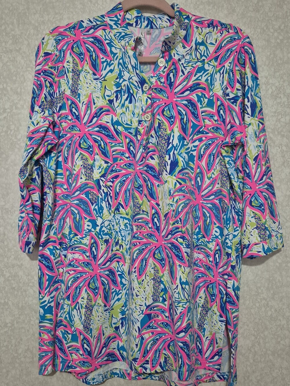 Lulu-B Tropical Floral-Palm Print Tunic in Pink, Blue & Green-Size:M